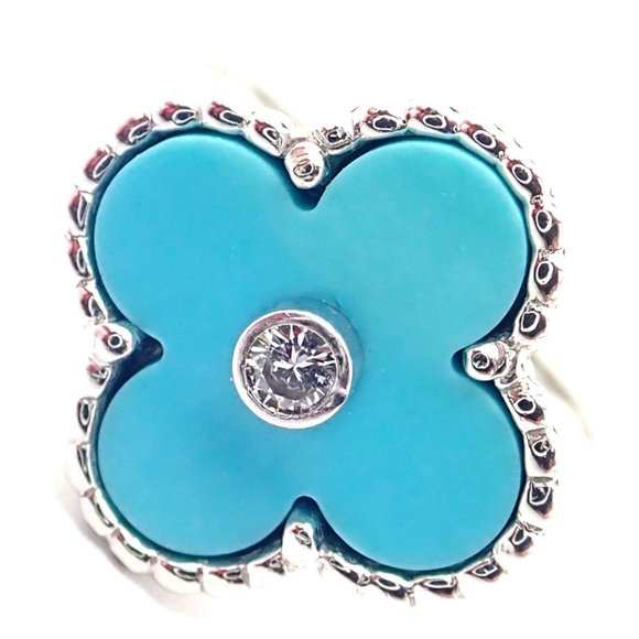 Authentic! Van Cleef & Arpels Alhambra 18k Gold Diamond Turquoise Ring Paper - Picture 1 of 11